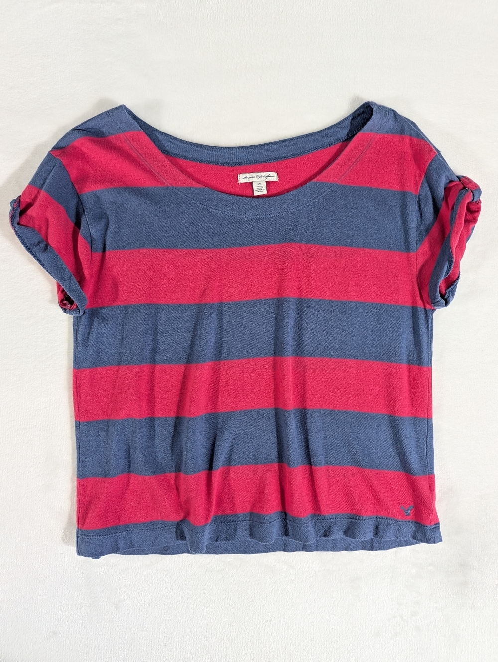 ❤️ 2009 American Eagle Cropped Top Scoop Neck Striped Cuffed Sleeve Size Small